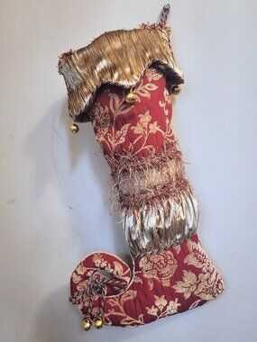 Serendipity Christmas Stocking Gold & Red Damask Jester Style 22"